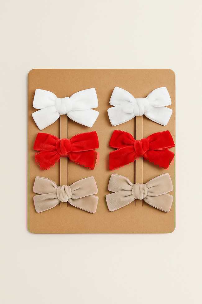 Kız Bebek Kadife Fiyonk 6'lı Toka Seti - Beyaz, Kırmızı ve Bej Renkli