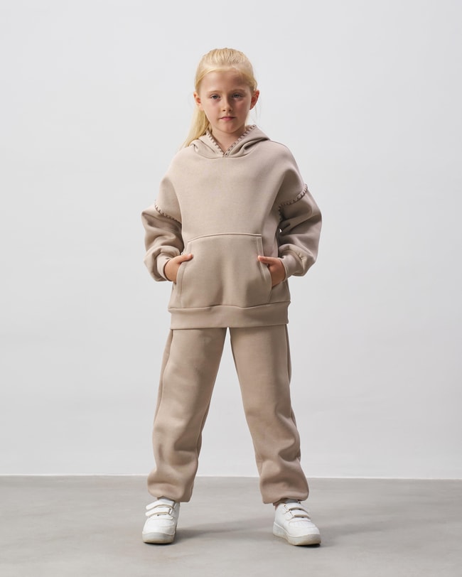 Kız Çocuk Pamuklu Bej Kapüşonlu Sweatshirt Eşofman Alt-Üst Takım - Rahat Günlük Giyim
