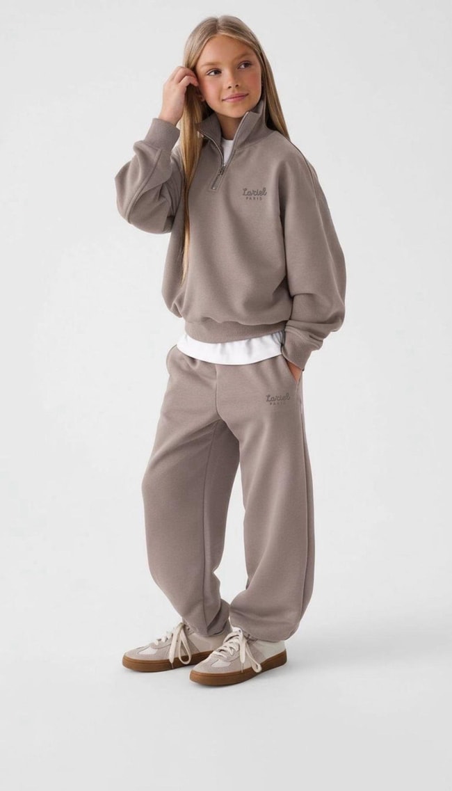 Kız Çocuk Pamuklu Kahverengi Fermuarlı Sweatshirt Eşofman Takım - Oversize Fit