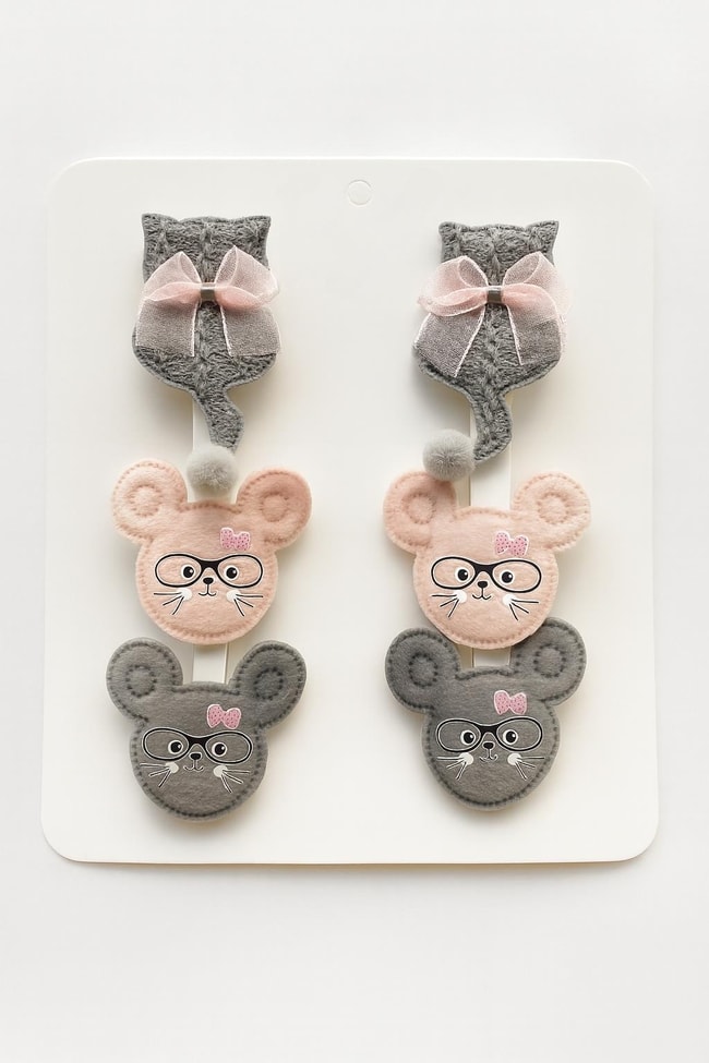Kız Çocuk Pamuklu Kedi ve Fare Figürlü Fiyonklu Toka Seti – 6'lı Sevimli Saç Aksesuarı