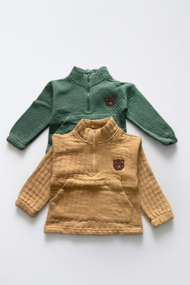 Unisex Çocuk Pamuklu Ayıcık Nakışlı Fermuarlı Sweatshirt – Sıcak ve Yumuşak Kumaş