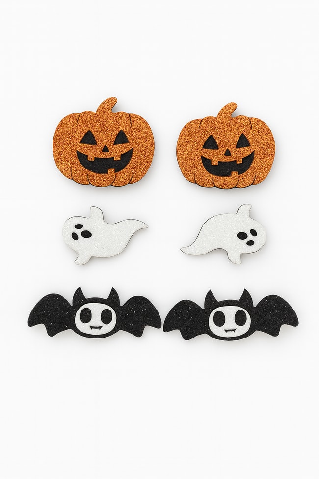 Halloween Temalı Parlak Süs Seti – Kabak, Hayalet ve Yarasa Figürlü 6'lı Dekoratif Pamuklu Aksesuar