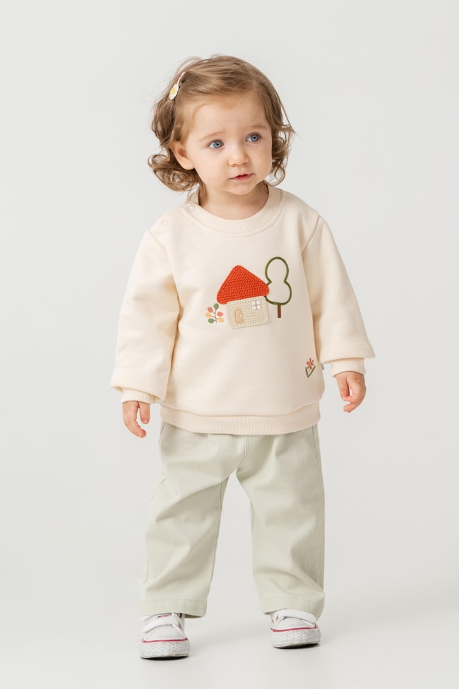 Kız Çocuk Pamuklu Ekru Ev Nakışlı Sweatshirt ve Pantolon Takım