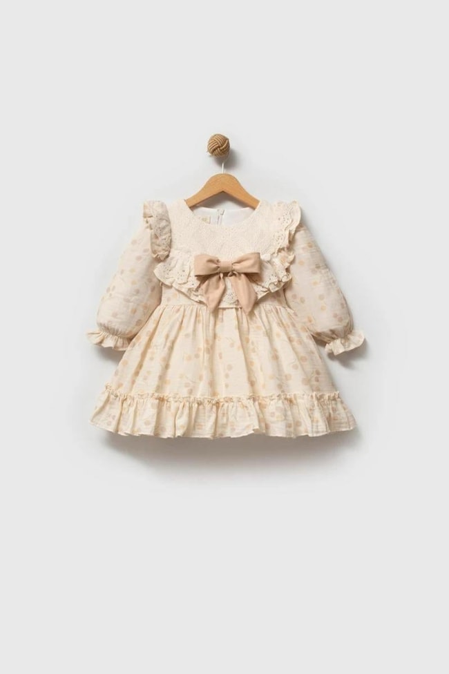 Kız Çocuk Pamuklu Bej Puantiye Dantelli Elbise - Fırfır Yaka ve Fiyonk Detaylı