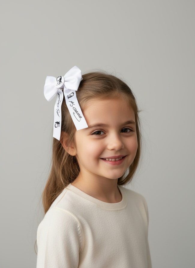 Kız Çocuk Pamuklu Beyaz Atatürk İmzalı Fiyonk Toka - Şık Saç Aksesuarı