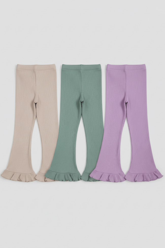 Kız Çocuk Pamuklu Ribana Fırfırlı Paça Tayt – 3'lü Renkli Set