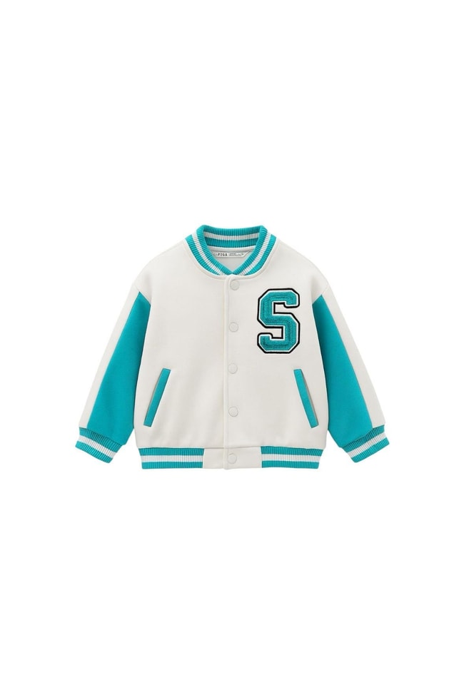 Unisex Çocuk Pamuklu Beyaz Turkuaz Kolej Ceket - Harf Aplikeli Bomber Mont
