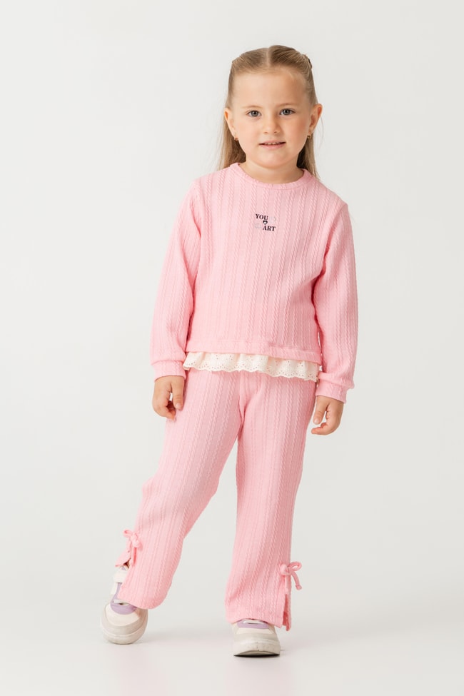 Kız Çocuk Pamuklu Pembe Fisto Detaylı Sweatshirt Eşofman Takım - Konforlu Günlük Giyim