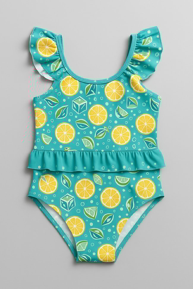 Kız Çocuk Turkuaz Limon Desenli Fırfırlı Tek Parça Mayo