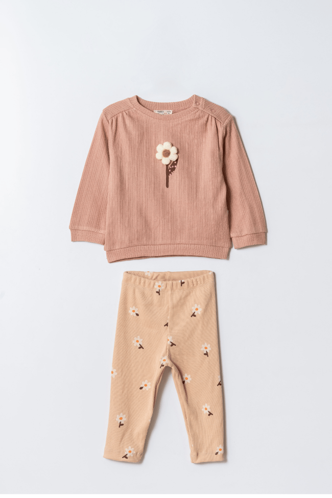 Kız Çocuk Pamuklu Pembe Çiçek Desenli İkili Takım - Sweatshirt ve Tayt