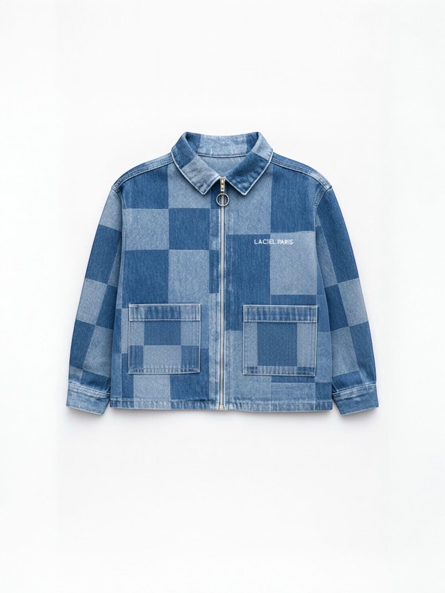 Unisex Çocuk Pamuklu Mavi Kare Desenli Fermuarlı Denim Ceket – Şık Günlük Tarz