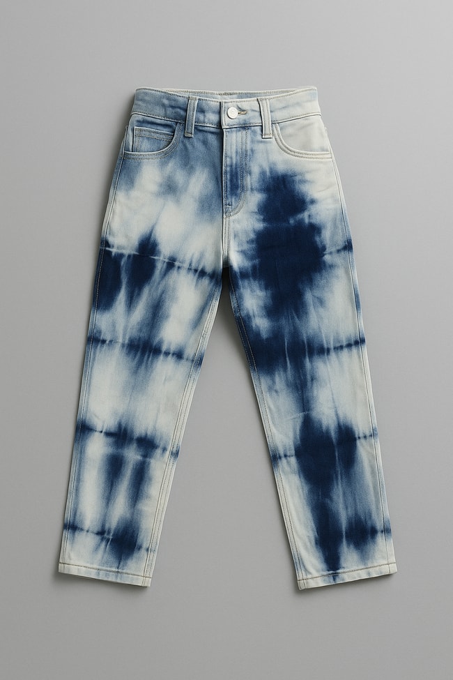 Kız Çocuk Pamuklu Mavi Batik Desenli Denim Pantolon - Modern Günlük Şıklık