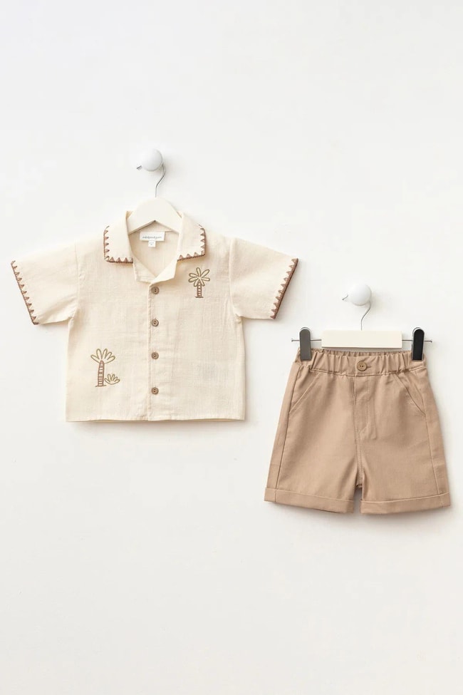 Erkek Bebek Pamuklu Bej Palmiye Nakışlı Takım