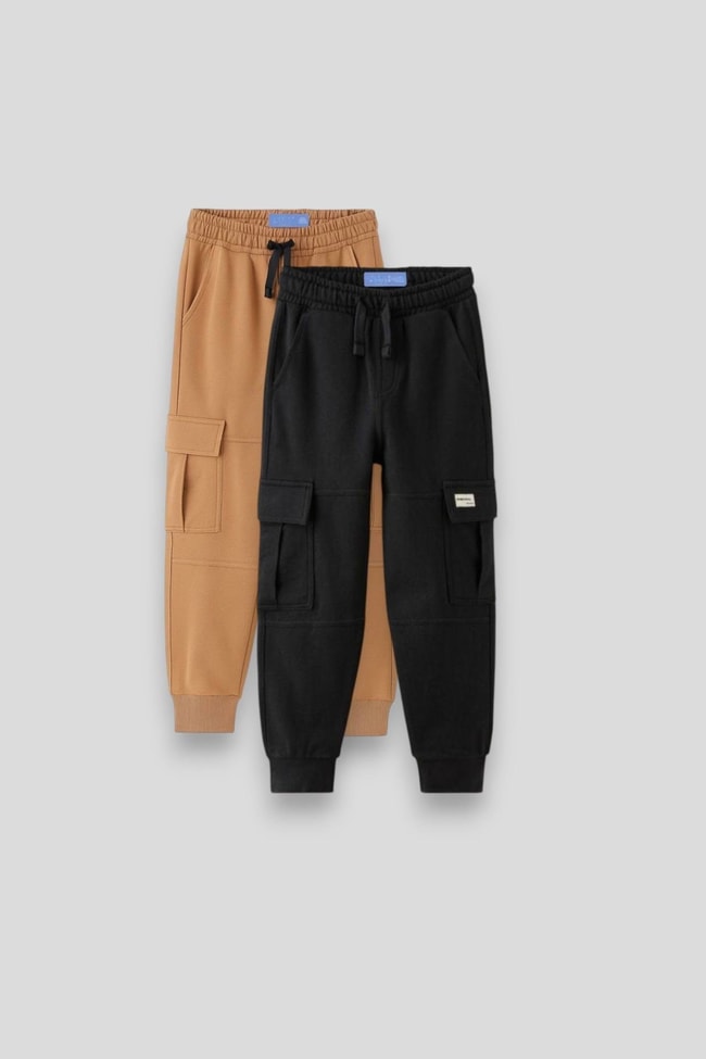 Unisex Çocuk Pamuklu Siyah Bej 2'li Kargo Cepli Eşofman Altı Jogger Pantolon Seti