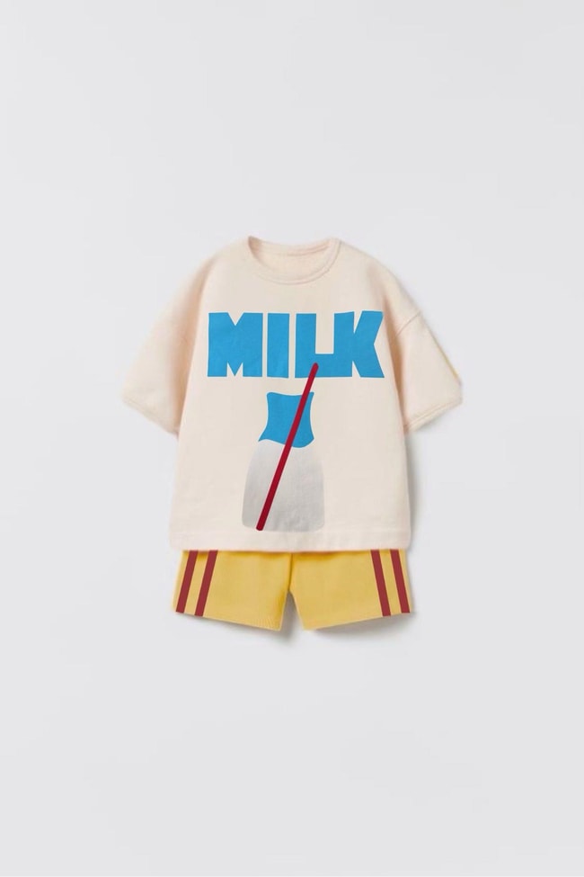 Unisex Çocuk Milk Baskılı Pamuklu Kısa Kollu Tişört ve Şort Takımı