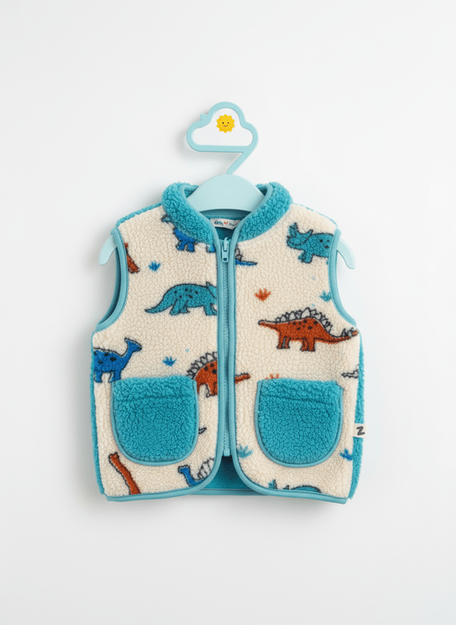 Erkek Çocuk Krem Peluş Dinozor Desenli Fermuarlı Yelek – Cepli