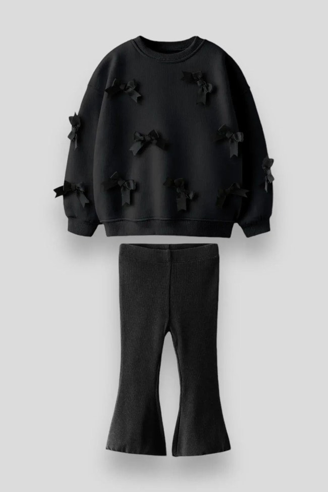 Fiyonk Detaylı Pamuklu Sweatshirt İspanyol Tayt Alt-Üst Takım Kız Çocuk