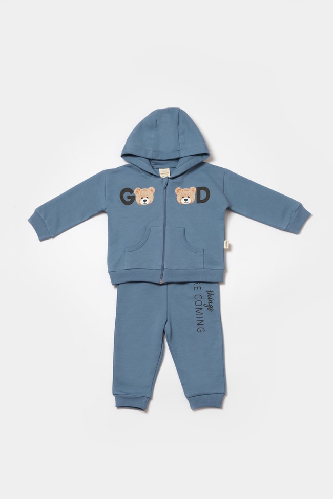 Bebek Pamuklu Mavi Kapüşonlu Ayıcık Baskılı Eşofman Takımı - İki Parça