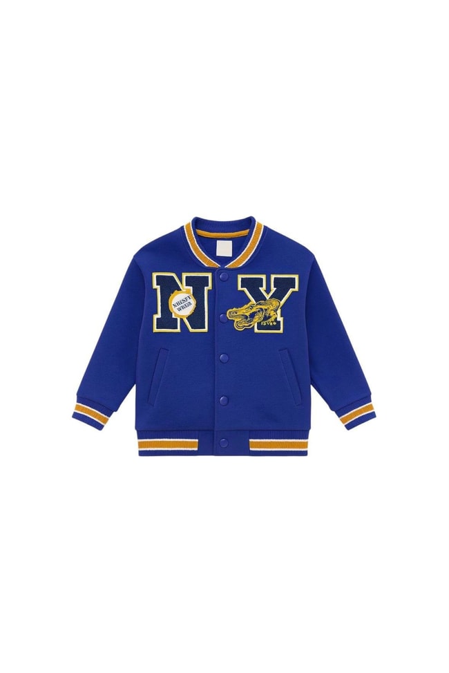 Unisex Çocuk Pamuklu Lacivert Kolej Ceket - Harf ve Ejderha Aplikeli Bomber Mont
