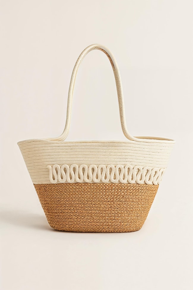 Kadın Krem Hasır Örgü Plaj Çantası – Kıvrımlı Detaylı Yazlık Model