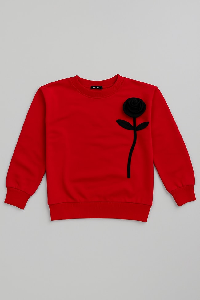 Kız Çocuk Kırmızı Pamuklu Sweatshirt - 3D Gül Aplikeli