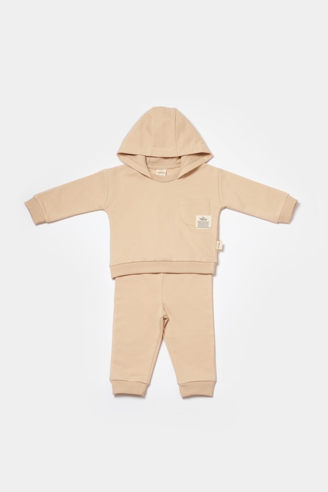 Unisex Bebek Pamuklu Bej Kapüşonlu Eşofman Takımı - Cep Detaylı Sweatshirt ve Alt
