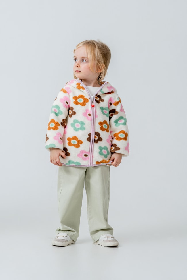 Kız Çocuk Pamuklu Çiçek Desenli Kapüşonlu Polar Ceket - Fermuarlı