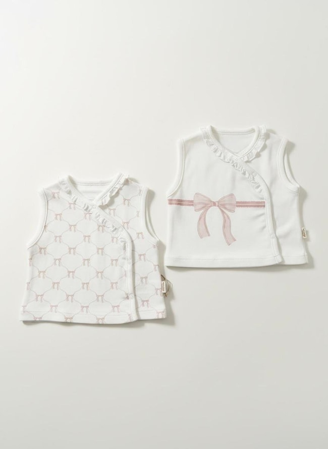 Bebek Pamuklu Beyaz Pembe Fiyonklu ve Desenli Yelek 2'li Set - Kruvaze Model