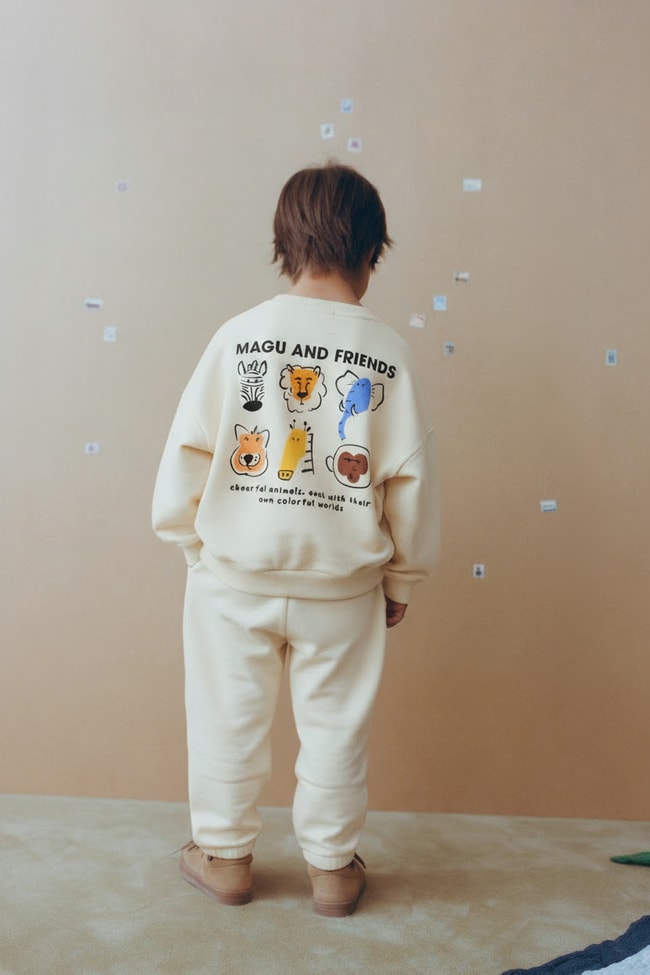 Unisex Çocuk Pamuklu Ekru Magu and Friends Baskılı Sweatshirt Eşofman Alt-Üst Takım