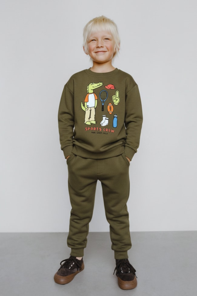 Erkek Çocuk Pamuklu Haki Timsah Baskılı Sweatshirt ve Eşofman Altı Takım - Spor Tarz Rahat Kesim