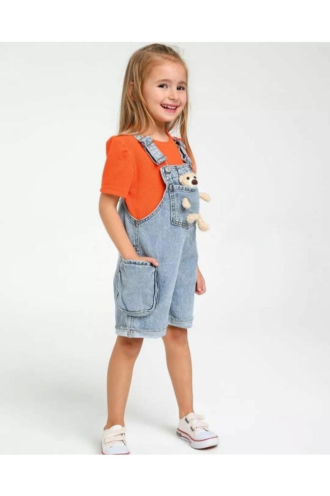Çocuk Ayıcıklı Kot Denim Şortlu Salopet Tulum