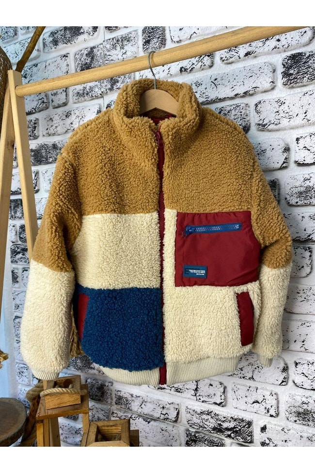 Çocuk Blok Renk Desenli Peluş Mont