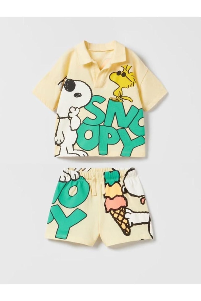 Çocuk Disney Sarı Snoopy Baskılı Polo Yaka Pamuklu T-shirt Şort Alt-Üst Takım