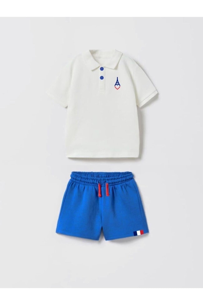 Çocuk Eyfel Baskılı Polo Yaka Pamuklu T-shirt Şort Alt-Üst Takım