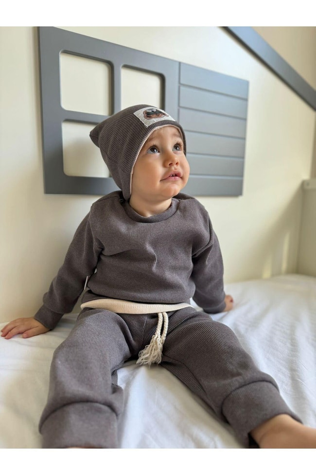 Çocuk Gri Pamuklu Kaşkorse Sweatshirt Eşofman Şapkalı Alt-Üst Takım