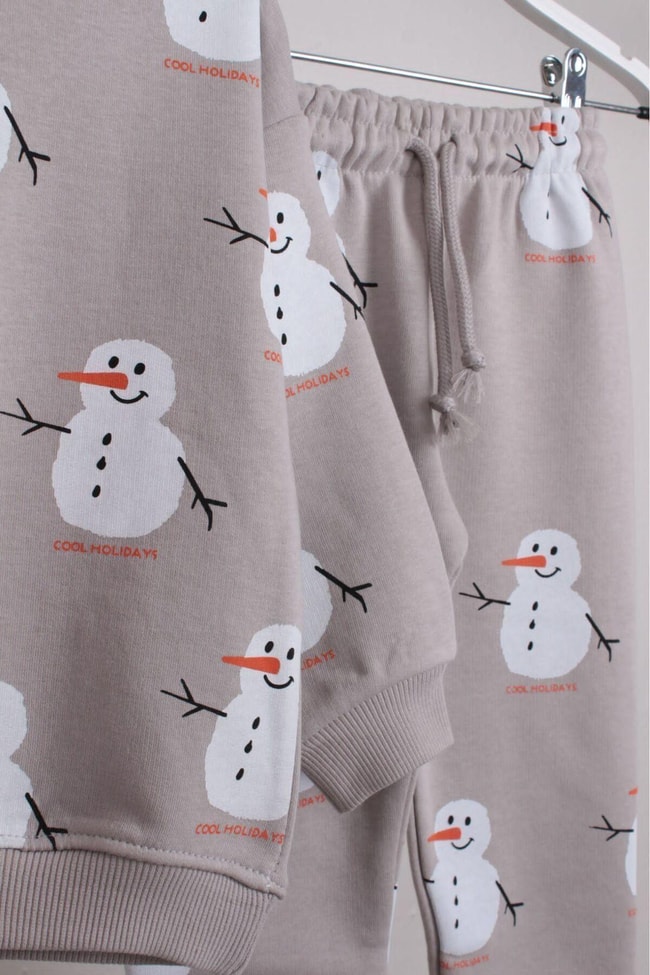 Çocuk Kardan Adam Desenli Pamuklu Sweatshirt Jogger Eşofman Alt-Üst Takım