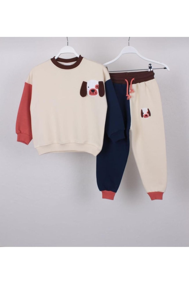 Çocuk Köpek Desenli Pamuklu Sweatshirt Eşofman Alt-Üst Takım