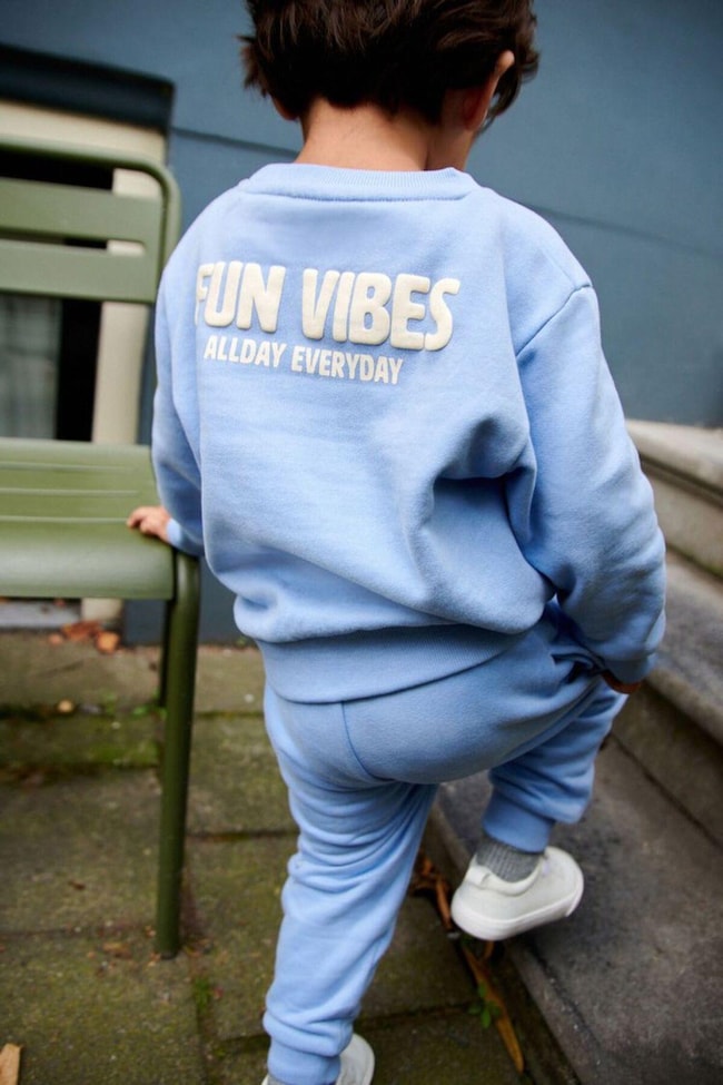 Çocuk Mavi Cool Vibes Desenli Pamuklu Sweatshirt Eşofman Alt-Üst Takım