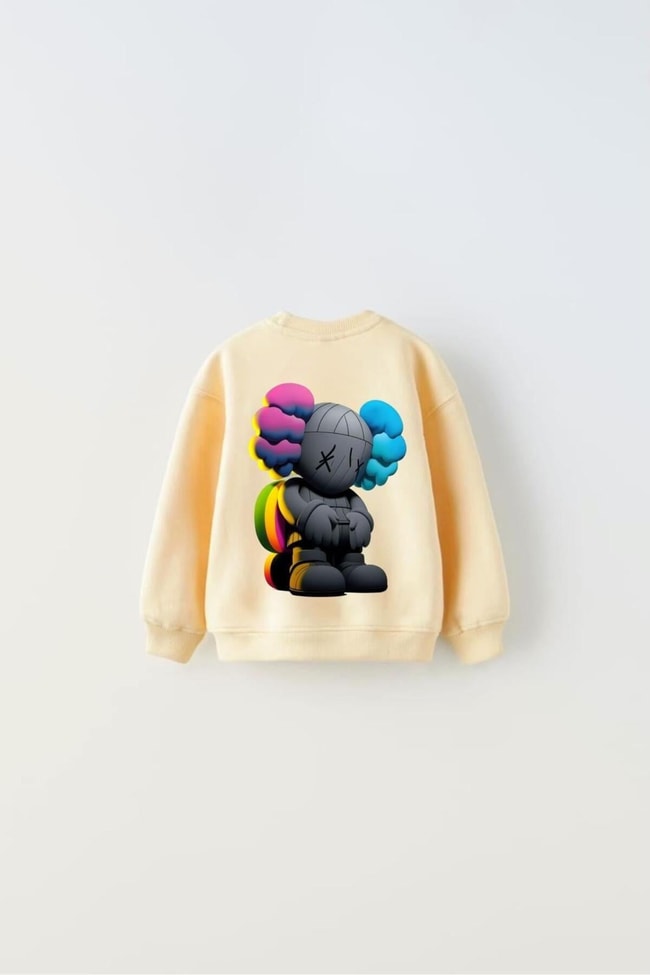 Çocuk Sarı Desenli Kaws Pamuklu Sweatshirt Eşofman Alt-üst Takım
