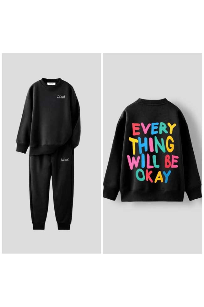 Çocuk Siyah Baskılı Pamuklu Sweatshirt Eşofman Alt-Üst Takım
