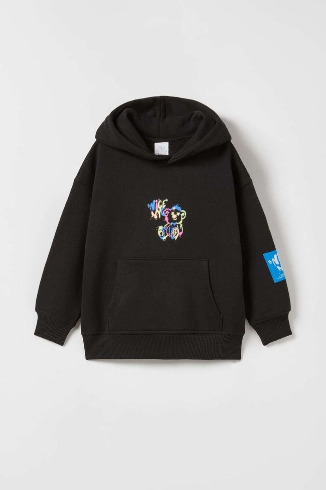 Çocuk Siyah Grafiti Ayıcık Baskılı Pamuklu Sweatshirt