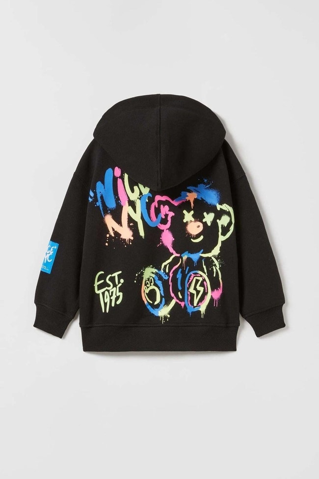 Çocuk Siyah Grafiti Ayıcık Baskılı Pamuklu Sweatshirt