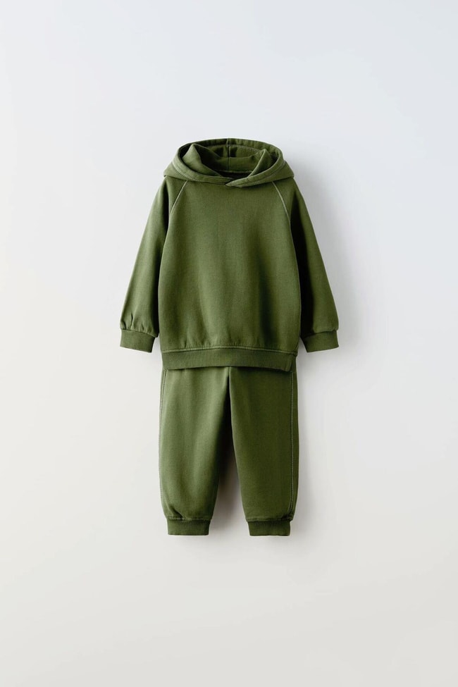 Çocuk Yeşil Kapüşonlu Pamuklu Sweatshirt Jogger Eşofman Takım