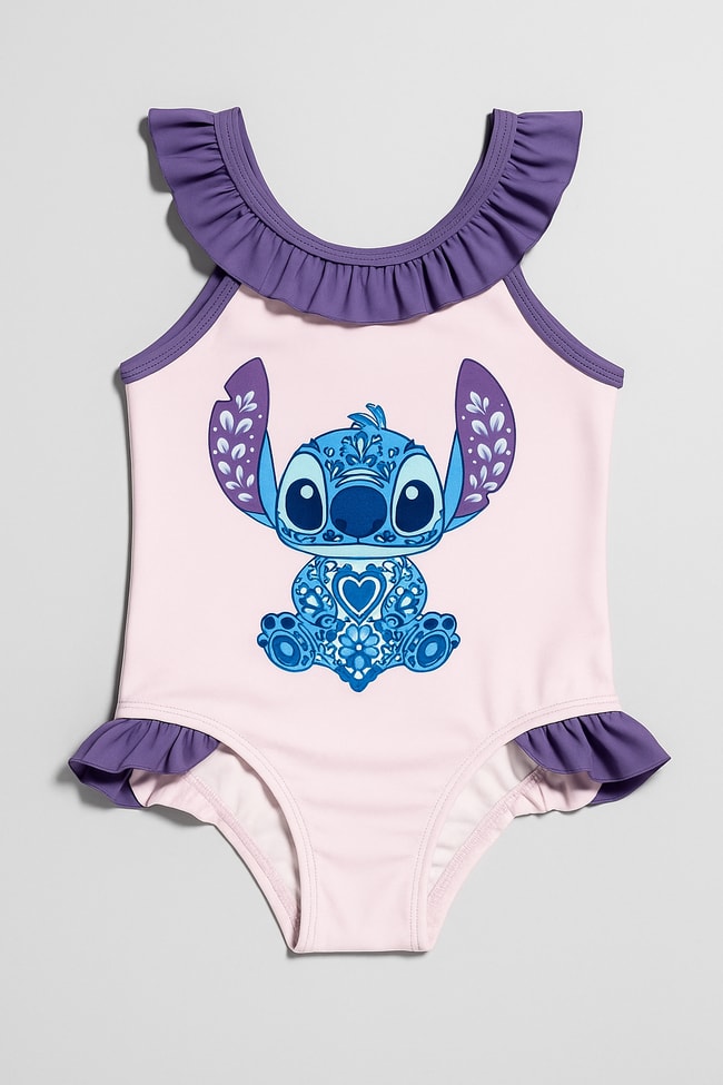 Kız Çocuk Pembe Stitch Baskılı Fırfırlı Tek Parça Mayo