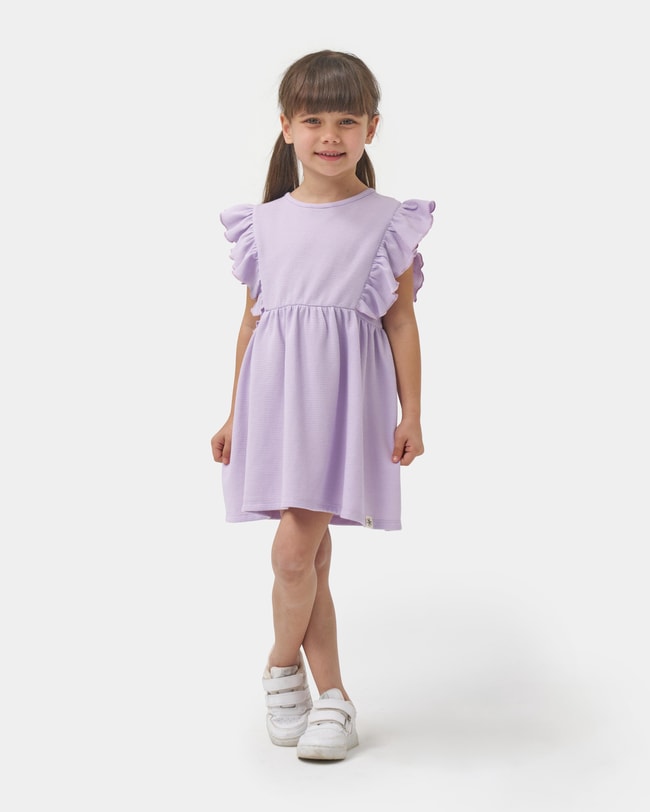 Kız Çocuk Pamuklu Lila Waffle Dokulu Fırfır Kol Elbise