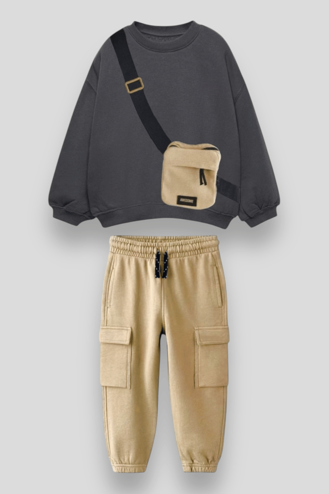 Çantalı Pamuklu Sweatshirt Jogger Eşofman Set Alt-Üst Takım Erkek Çocuk