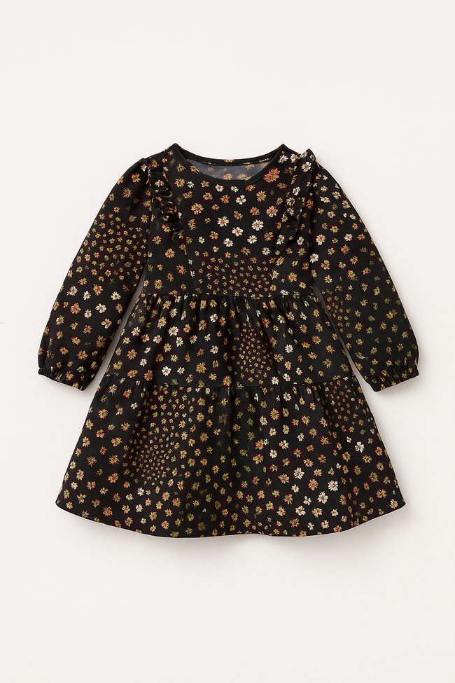 Kız Çocuk Siyah Çiçek Desenli Uzun Kollu Fırfır Detaylı Elbise