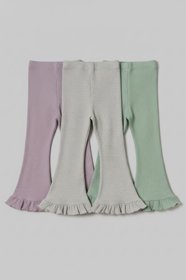 Kız Çocuk Pamuklu 3'lü Lila Yeşil Gri Fırfır Paçalı Ribana Tayt Seti – Esnek Rahat Kalıp