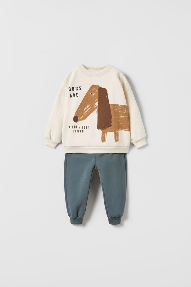 Erkek Çocuk Pamuklu Krem Köpek Desenli Sweatshirt ve Mavi Eşofman Altı Takım - Yumuşak Kumaş Konforu