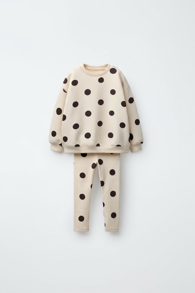 Kız Çocuk Pamuklu Bej Puantiye Desenli Sweatshirt Tayt Alt-Üst Takım